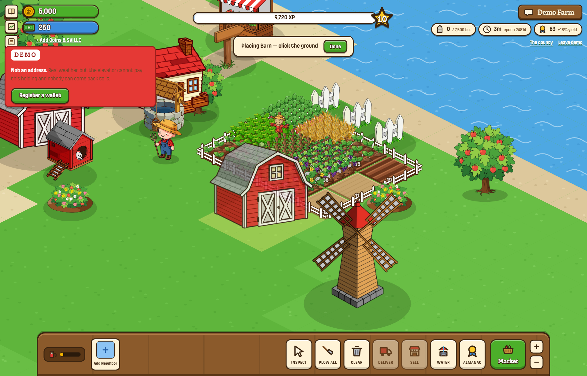 Build mode with a barn ghost showing a valid footprint