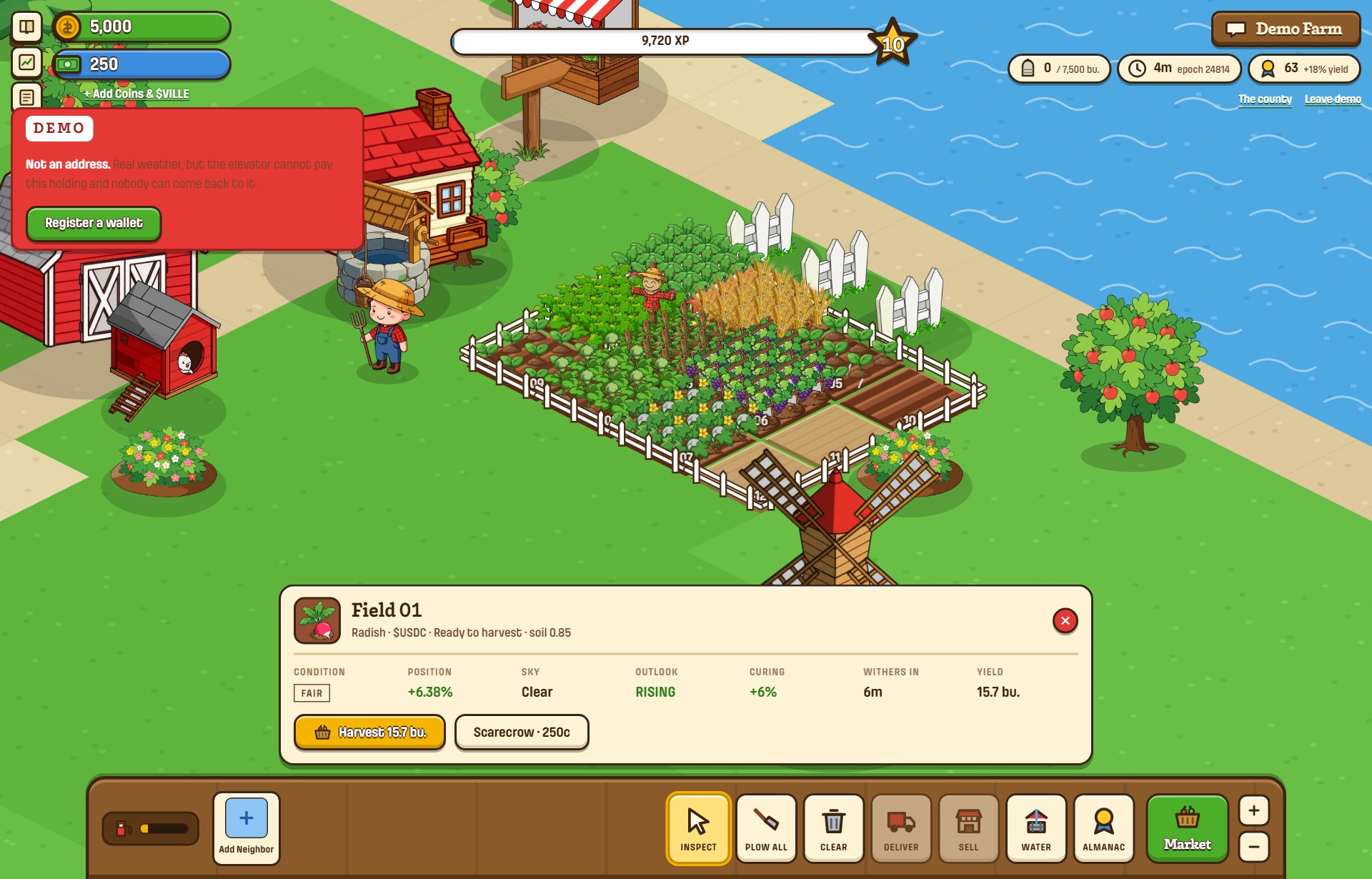 A ready field showing the bushel yield and the withering countdown