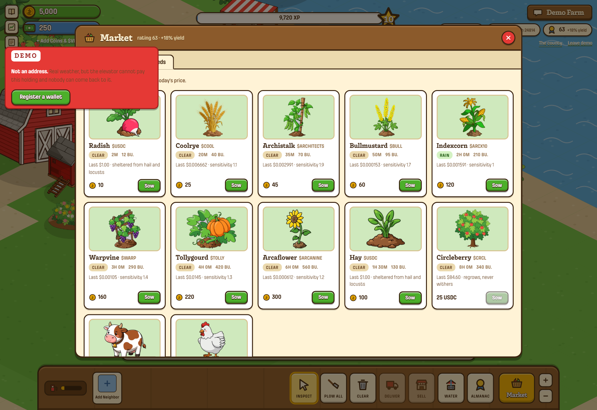 The Market's Seeds tab: crop cards with tickers, skies and prices