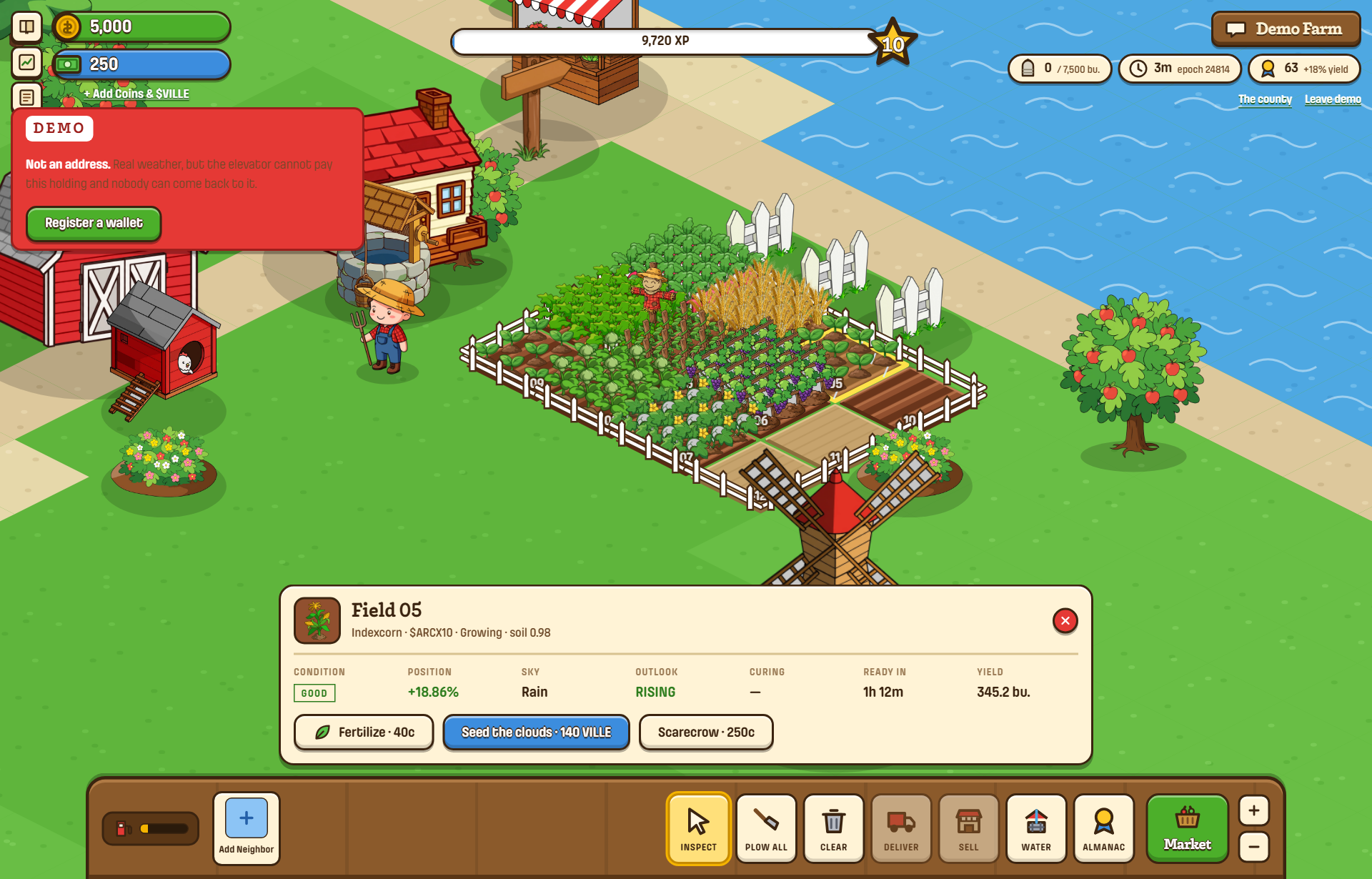 A field card showing outlook, curing and the seed-the-clouds button