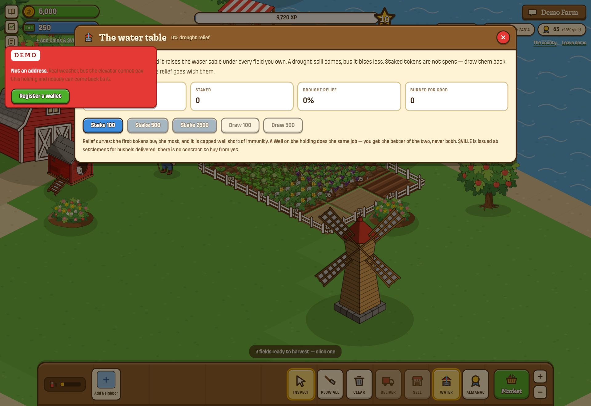 The water table dialog showing staked VILLE and drought relief