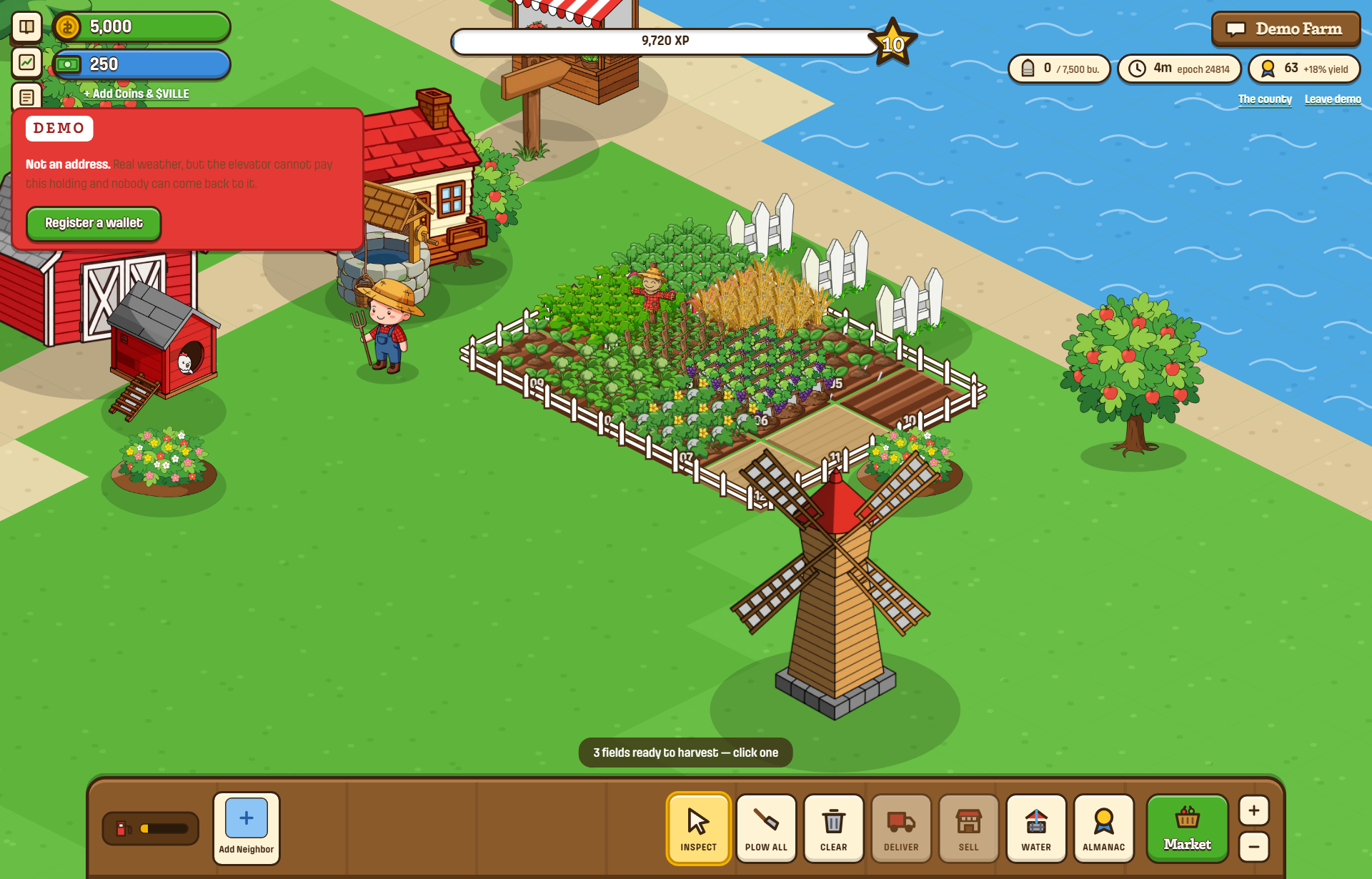 The isometric county with fields, farmhouse, barn and windmill